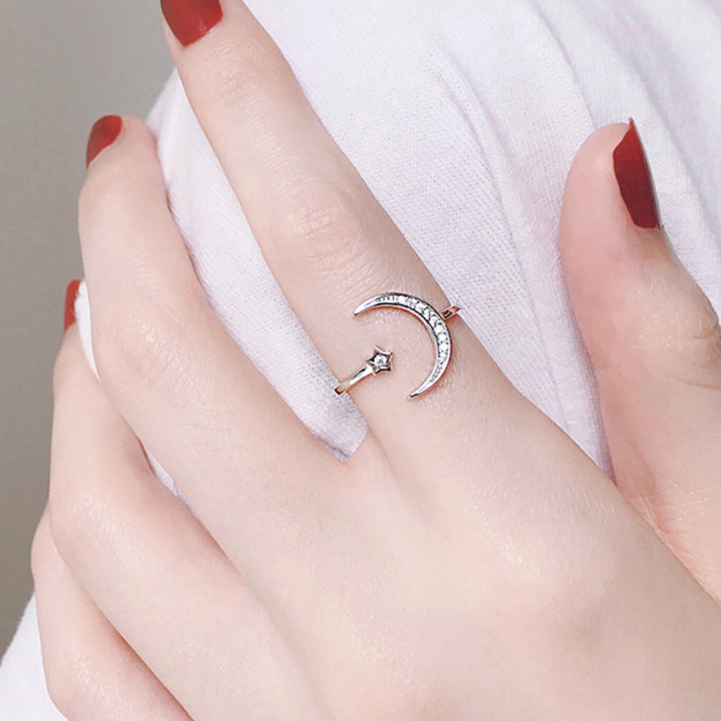 925 Sterling Silver Cz Star & Moon Ring